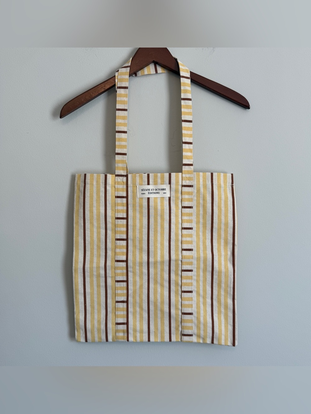 Sezane et Octobre Editions Cotton Tote Bag Tall Stripe Print Yellow Brown Earthy